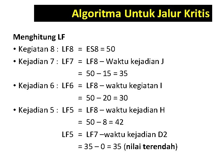 Algoritma Untuk Jalur Kritis Menghitung LF • Kegiatan 8 : LF 8 = ES