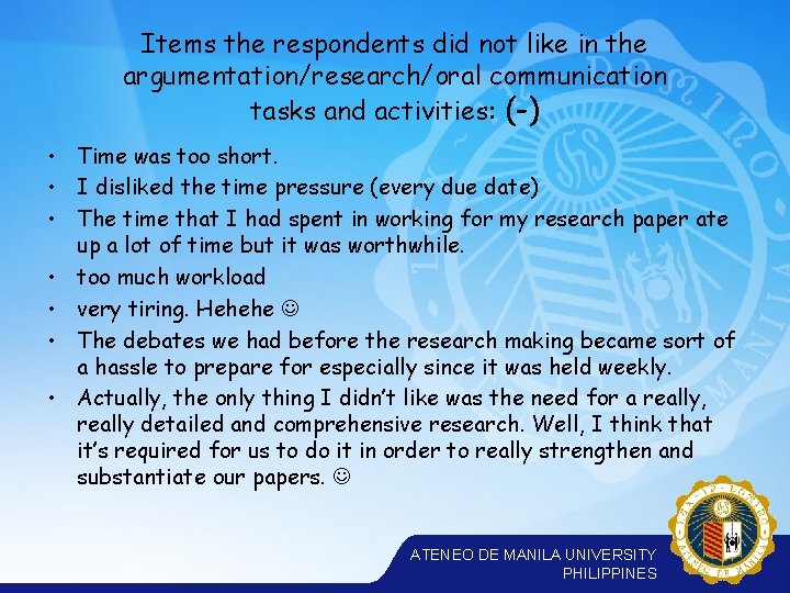 Items the respondents did not like in the argumentation/research/oral communication tasks and activities: (-)