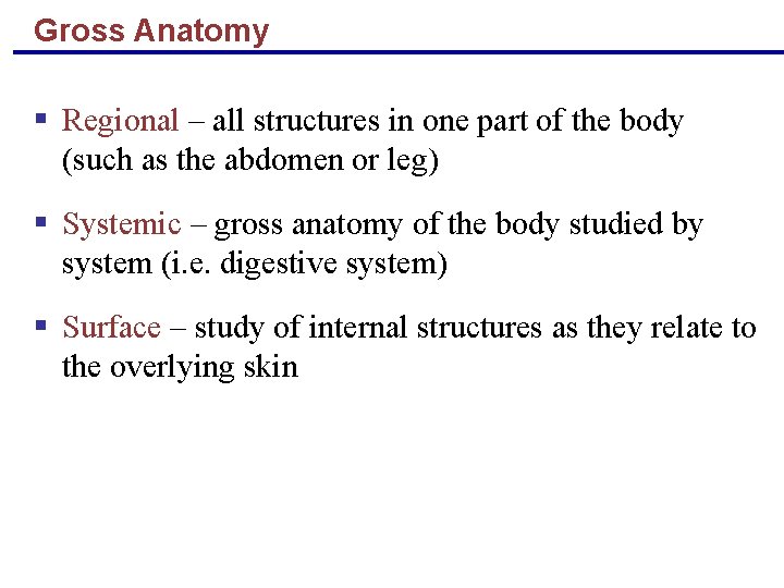 Gross Anatomy § Regional – all structures in one part of the body (such