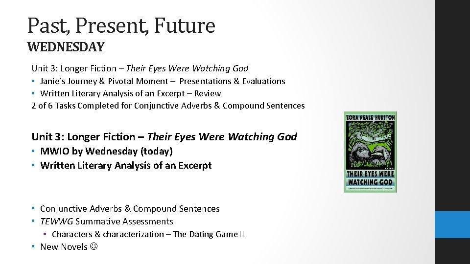 Past, Present, Future WEDNESDAY Unit 3: Longer Fiction – Their Eyes Were Watching God