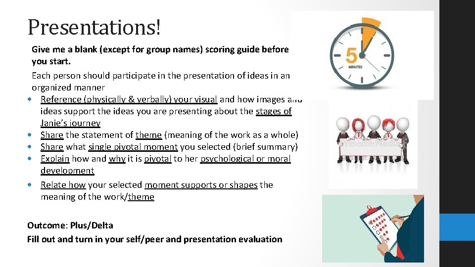 Presentations! Give me a blank (except for group names) scoring guide before you start.