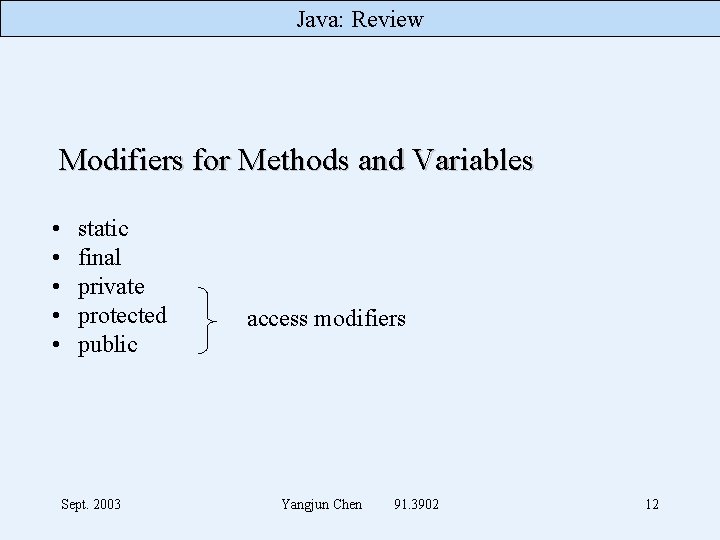 Java: Review Modifiers for Methods and Variables • • • static final private protected