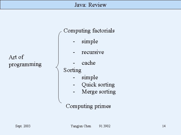 Java: Review Computing factorials Art of programming - simple - recursive - cache Sorting