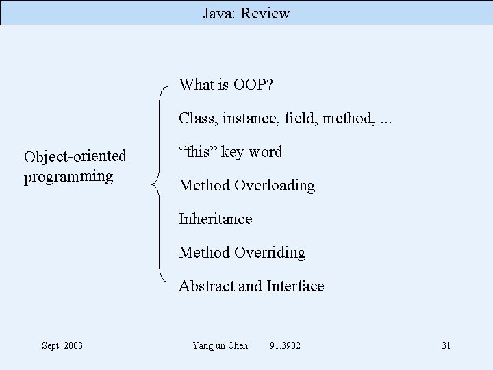 Java: Review What is OOP? Class, instance, field, method, . . . Object-oriented programming