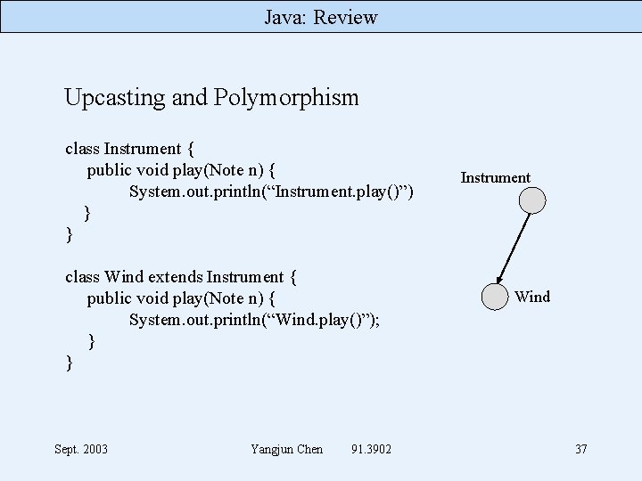 Java: Review Upcasting and Polymorphism class Instrument { public void play(Note n) { System.