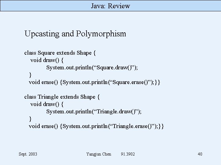 Java: Review Upcasting and Polymorphism class Square extends Shape { void draw() { System.