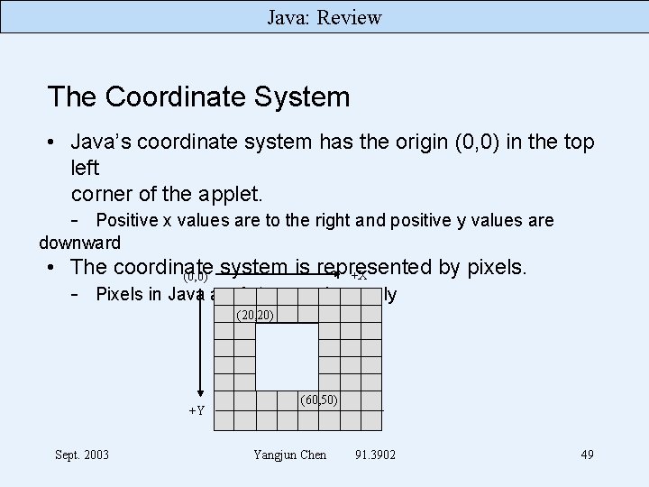 Java: Review The Coordinate System • Java’s coordinate system has the origin (0, 0)