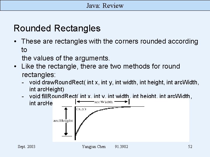 Java: Review Rounded Rectangles • These are rectangles with the corners rounded according to