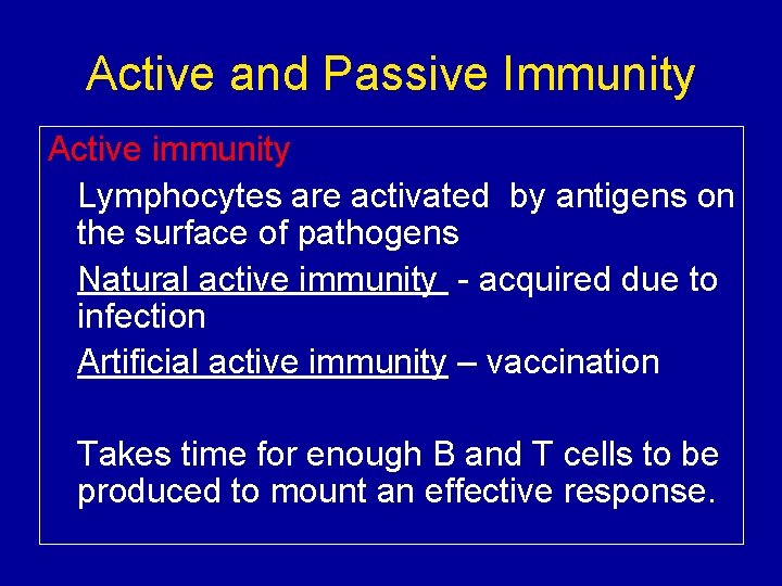 Active and Passive Immunity Active immunity Lymphocytes are activated by antigens on the surface