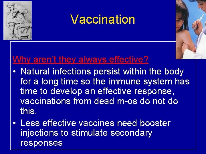Vaccination Why aren’t they always effective? • Natural infections persist within the body for