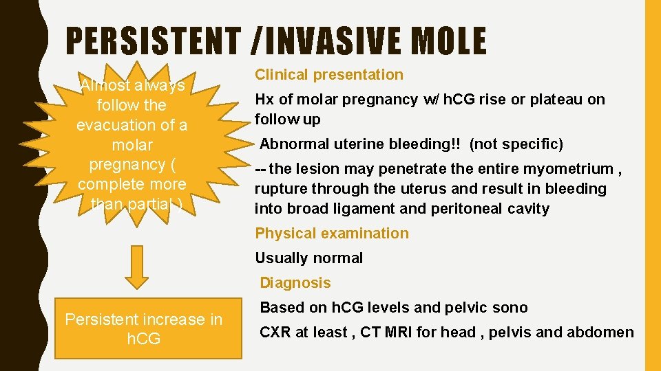 PERSISTENT /INVASIVE MOLE Almost always follow the evacuation of a molar pregnancy ( complete