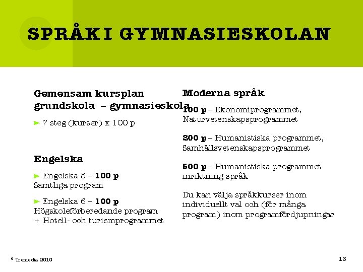 SPRÅK I GYMNASIESKOLAN Moderna språk Gemensam kursplan grundskola – gymnasieskola 100 p – Ekonomiprogrammet,