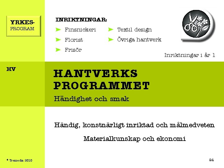 YRKESPROGRAM INRIKTNINGAR: Finsnickeri Textil design Florist Övriga hantverk Frisör HV Inriktningar i år 1