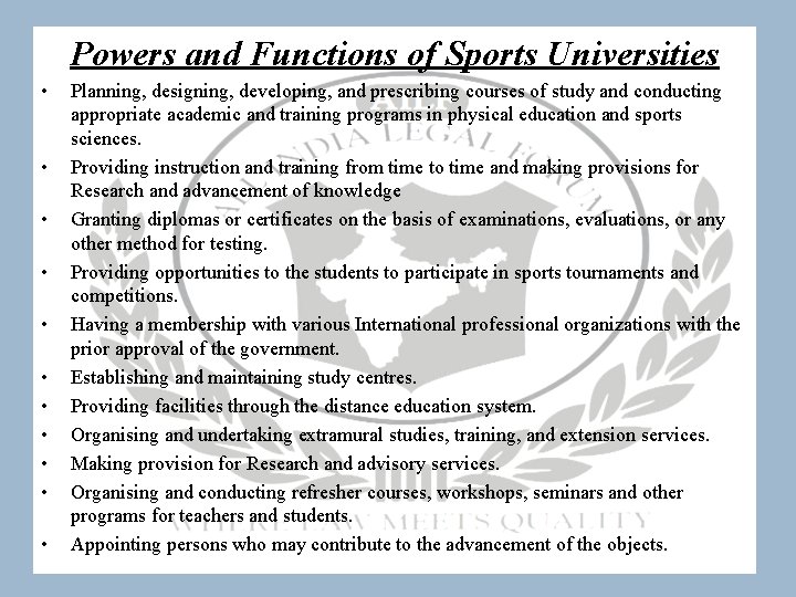 Powers and Functions of Sports Universities • • • Planning, designing, developing, and prescribing