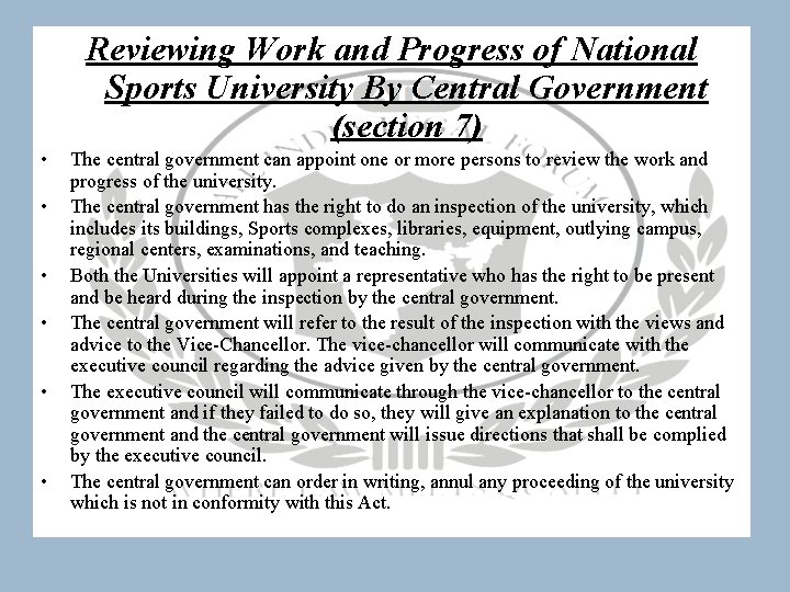 Reviewing Work and Progress of National Sports University By Central Government (section 7) •