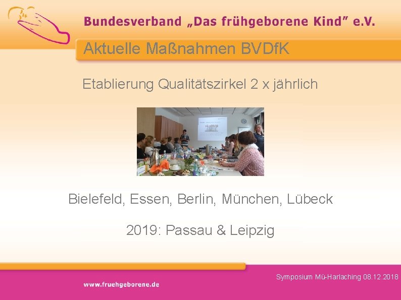 Aktuelle Maßnahmen BVDf. K Etablierung Qualitätszirkel 2 x jährlich Bielefeld, Essen, Berlin, München, Lübeck