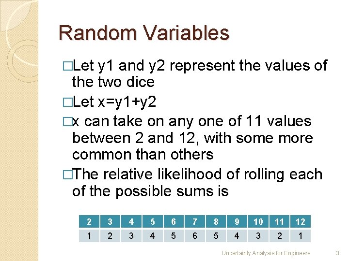 Random Variables �Let y 1 and y 2 represent the values of the two