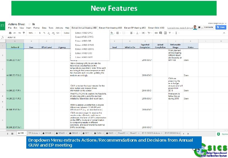 New Features Dropdown Menu extracts Actions/Recommendations and Decisions from Annual GUW and EP meeting