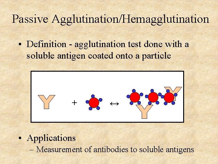 Passive Agglutination/Hemagglutination • Definition - agglutination test done with a soluble antigen coated onto