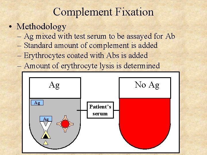Complement Fixation • Methodology – Ag mixed with test serum to be assayed for