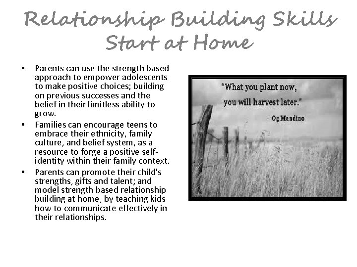 Relationship Building Skills Start at Home • • • Parents can use the strength