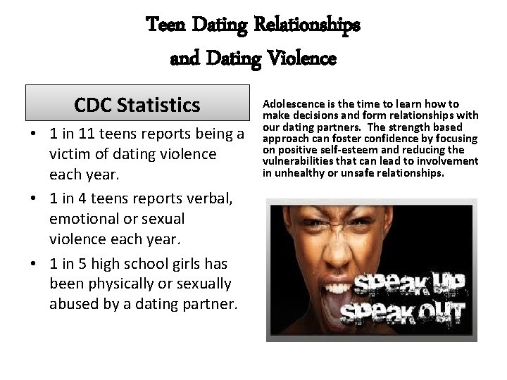 Teen Dating Relationships and Dating Violence CDC Statistics • 1 in 11 teens reports