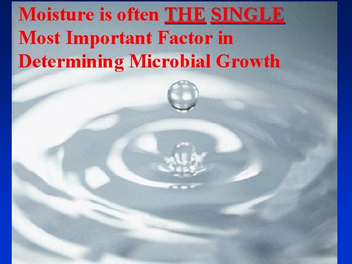 Moisture is often THE SINGLE Most Important Factor in Determining Microbial Growth 