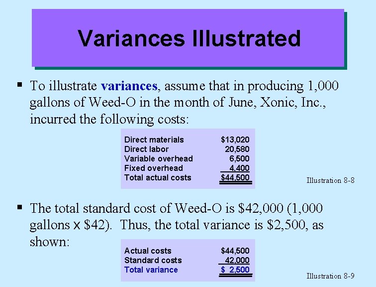 Variances Illustrated § To illustrate variances, assume that in producing 1, 000 gallons of