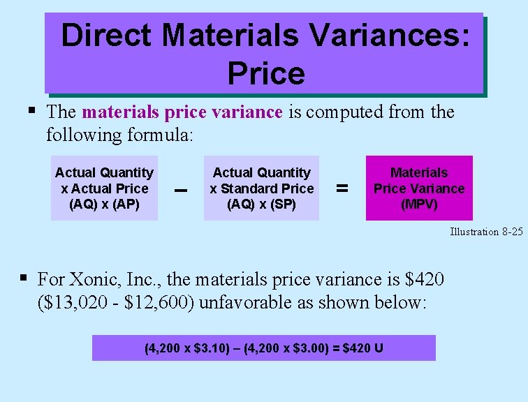 Direct Materials Variances: Price § The materials price variance is computed from the following