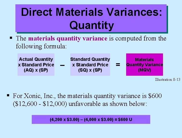Direct Materials Variances: Quantity § The materials quantity variance is computed from the following