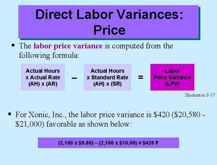 Direct Labor Variances: Price § The labor price variance is computed from the following
