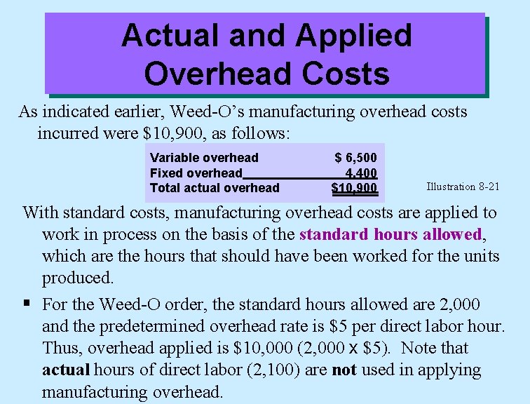 Actual and Applied Overhead Costs As indicated earlier, Weed-O’s manufacturing overhead costs incurred were