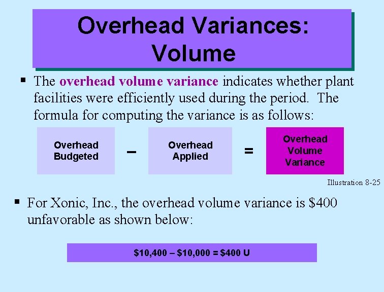 Overhead Variances: Volume § The overhead volume variance indicates whether plant facilities were efficiently