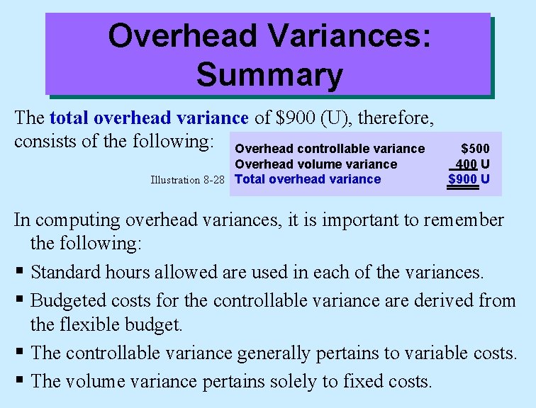 Overhead Variances: Summary The total overhead variance of $900 (U), therefore, consists of the