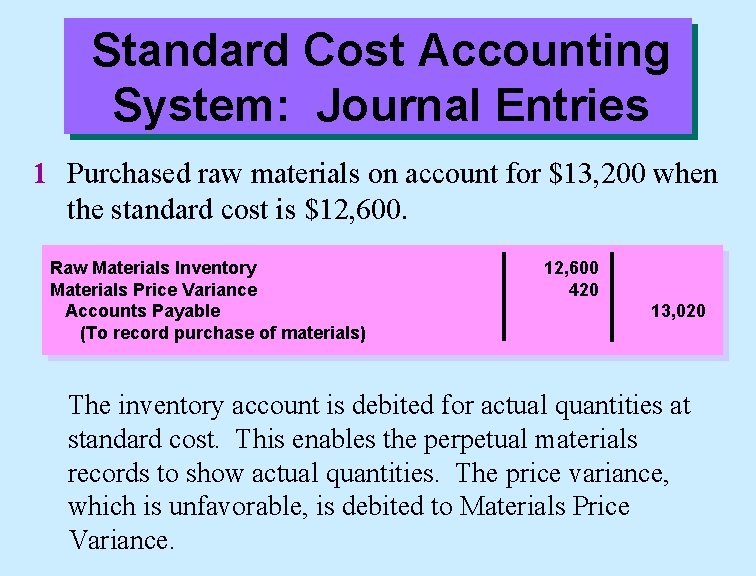 Standard Cost Accounting System: Journal Entries 1 Purchased raw materials on account for $13,