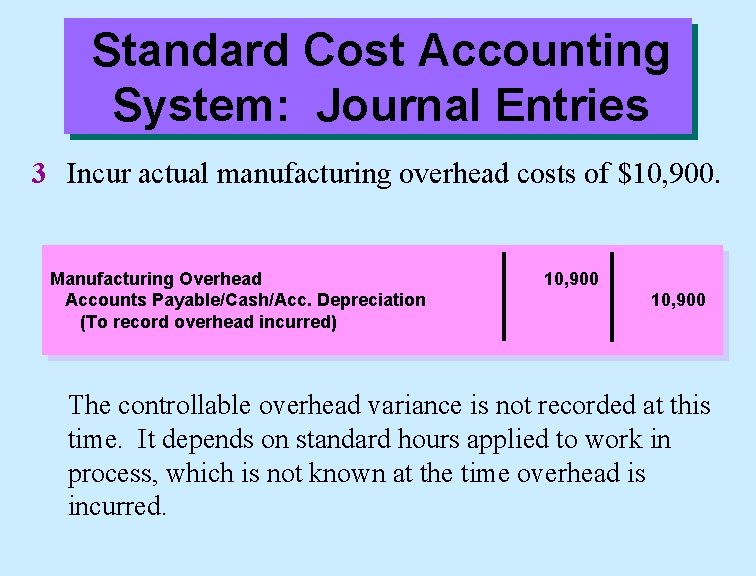 Standard Cost Accounting System: Journal Entries 3 Incur actual manufacturing overhead costs of $10,
