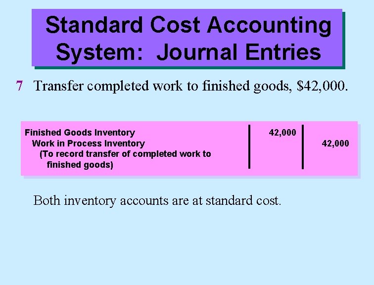 Standard Cost Accounting System: Journal Entries 7 Transfer completed work to finished goods, $42,