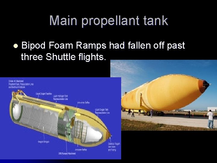 Main propellant tank l Bipod Foam Ramps had fallen off past three Shuttle flights.