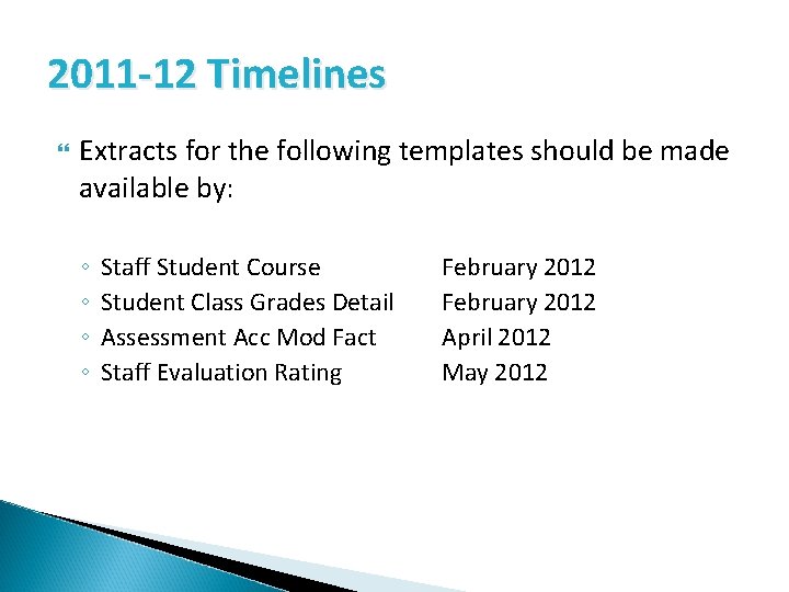 2011 -12 Timelines Extracts for the following templates should be made available by: ◦