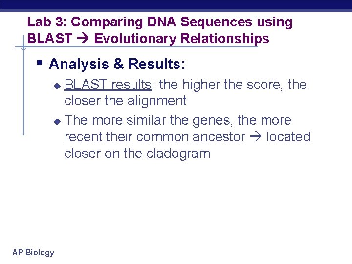 Lab 3: Comparing DNA Sequences using BLAST Evolutionary Relationships § Analysis & Results: BLAST