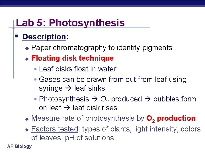 Lab 5: Photosynthesis § Description: Paper chromatography to identify pigments u Floating disk technique