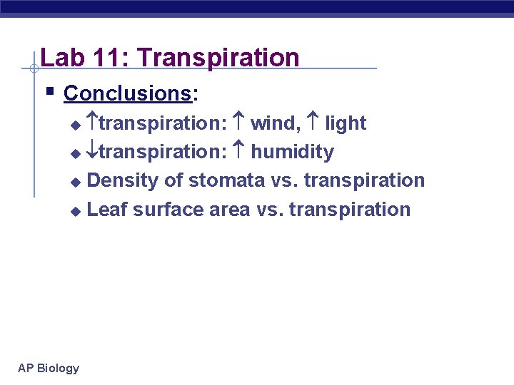 Lab 11: Transpiration § Conclusions: transpiration: wind, light u transpiration: humidity u Density of