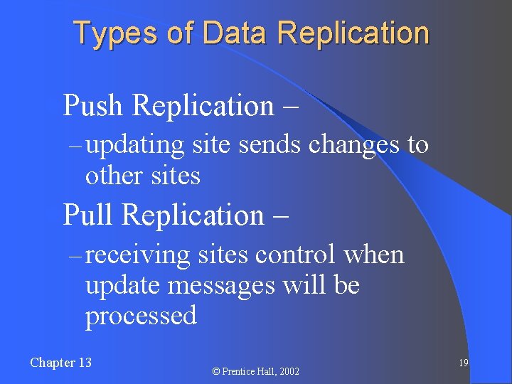 Types of Data Replication l. Push Replication – – updating site sends changes to