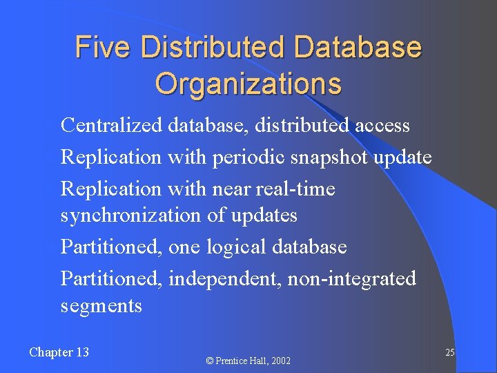 Five Distributed Database Organizations ¬ Centralized database, distributed access Replication with periodic snapshot update