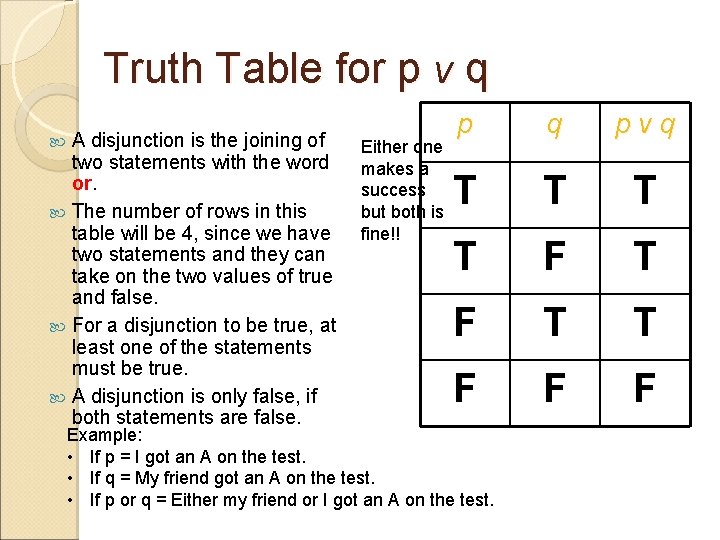 Truth Table for p v q A disjunction is the joining of two statements