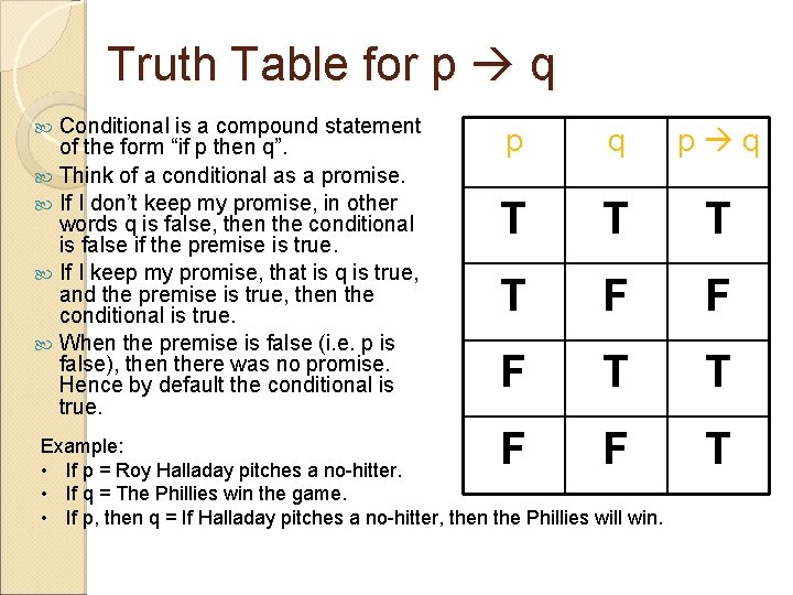 Truth Table for p q Conditional is a compound statement of the form “if