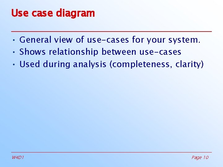 Use case diagram • General view of use-cases for your system. • Shows relationship