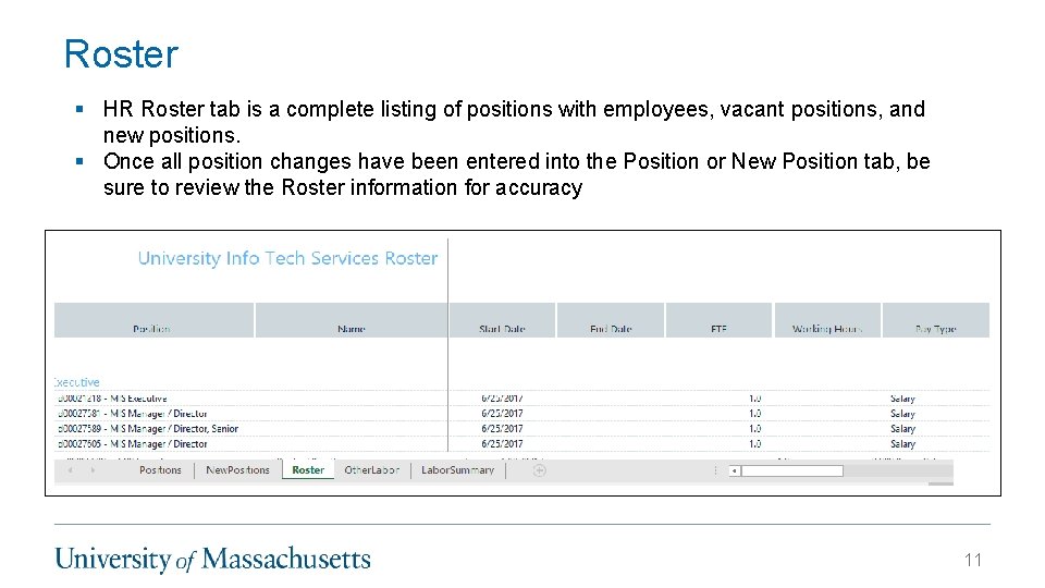 Roster § HR Roster tab is a complete listing of positions with employees, vacant