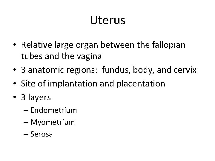 Uterus • Relative large organ between the fallopian tubes and the vagina • 3