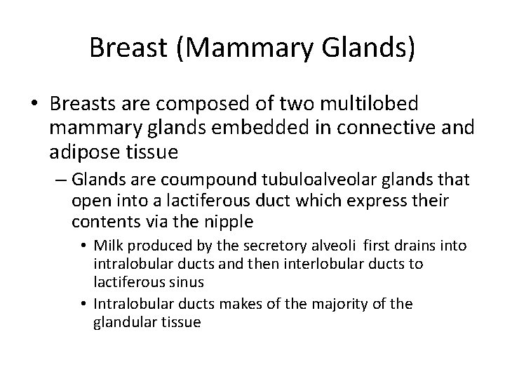 Breast (Mammary Glands) • Breasts are composed of two multilobed mammary glands embedded in